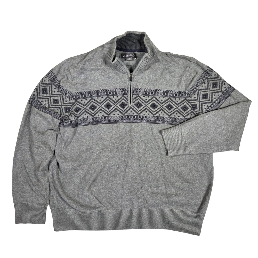 Eddie Bauer Mens 2XL Gray Fair Isle Geometric 100% Cotton Quarter Zip Sweater